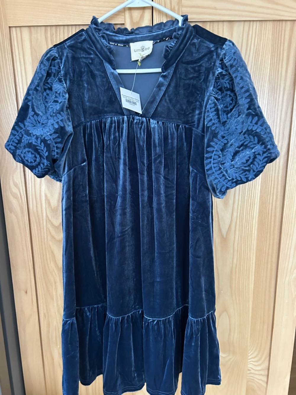Johnny Was style Navy Velvet Puff-Sleeve Dress NWT